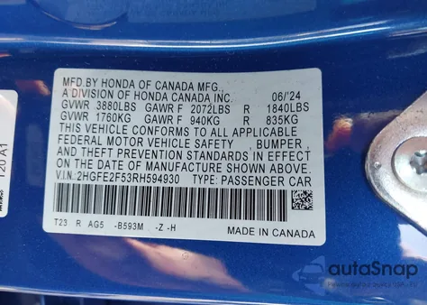 2024 Honda Civic Sport from USA, damaged, VIN 2HGFE2F53RH594930